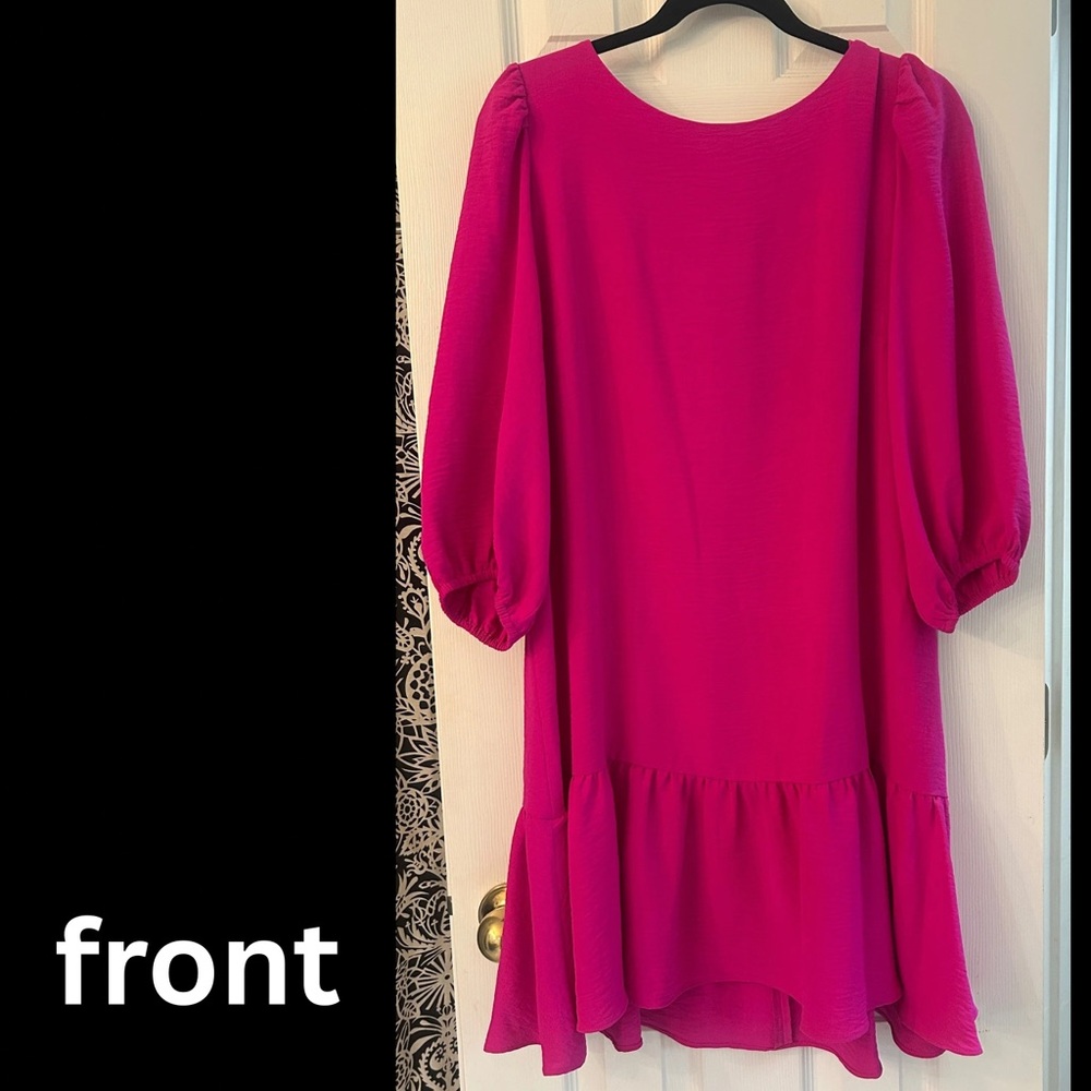 ⭐️NEW⭐️ DKNY Pink Midi Dress with Puff Sleeves and Ruffled Hem [womens 16]